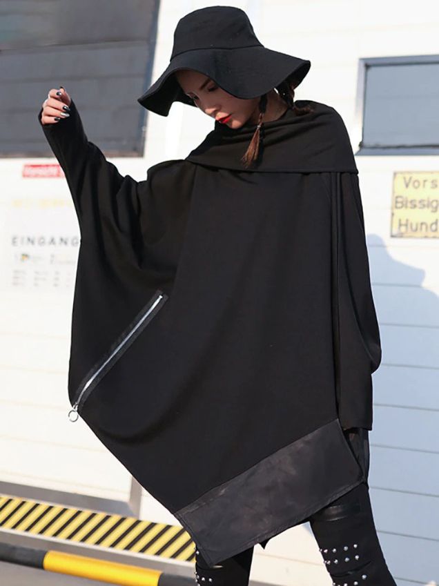 Fashion Loose Solid Color Pile Collar Splicing Zipper Decor Batwing Sleeve  Irregular Hem Sweatshirt