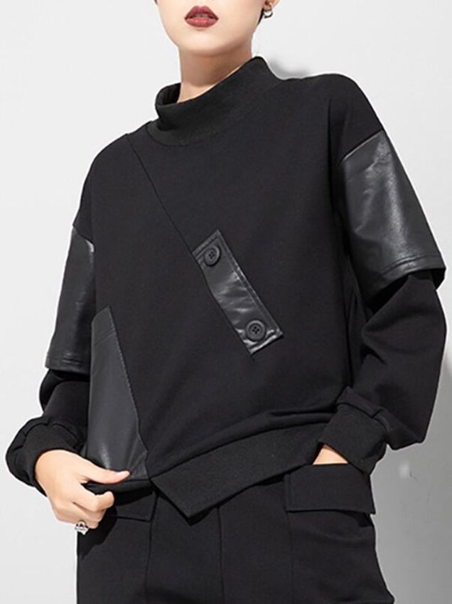 Cool Loose Black Stand Collar Spliced Pu Leather Decor Pocket Long Sleeve Sweatshirt