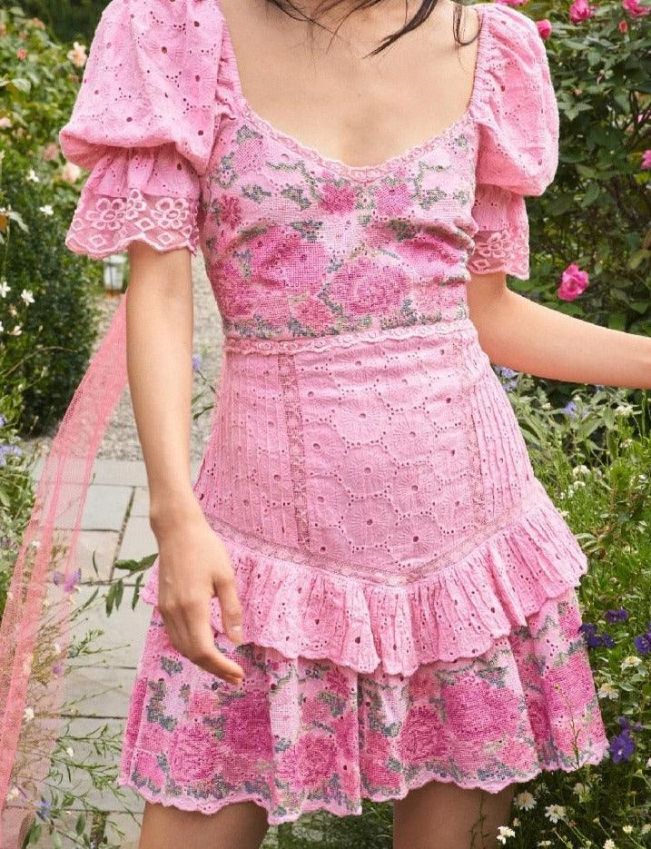 Fantasy Round Neck Rose Printed Patchwork Embroidery Hollow Out Puff Sleeve Dress