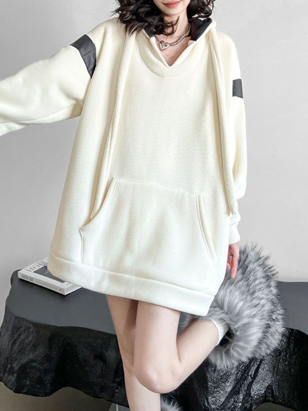 Street Apricot Hooded Contrast Color Drawstring Pockets Velvet Long Sleeve Sweatshirt