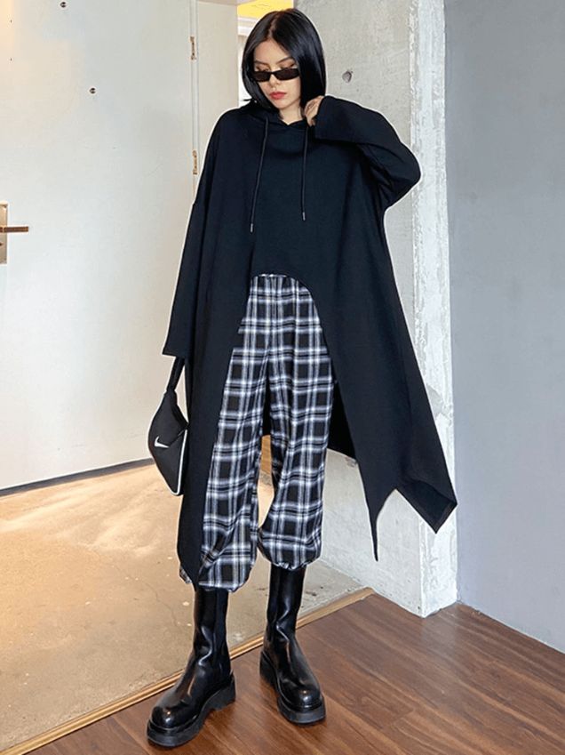 Fashion Loose Black Hooded Long Sleeve Irregular Short Front Long Back Long Sweatshirt
