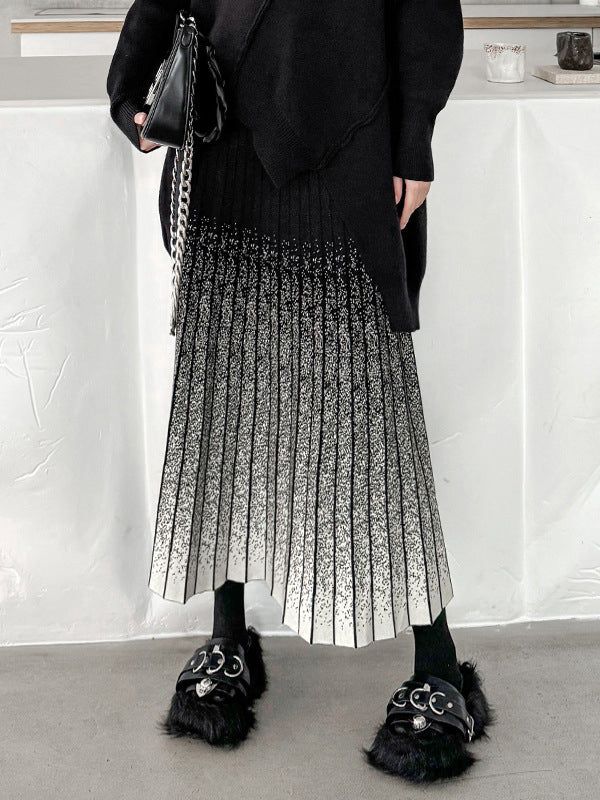 Street Loose Black Gradient Pleated A-Line Skirt
