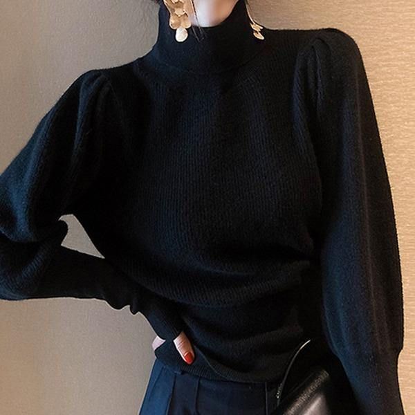 Elegant Black Turtleneck Long Puff Sleeve Knit Sweater