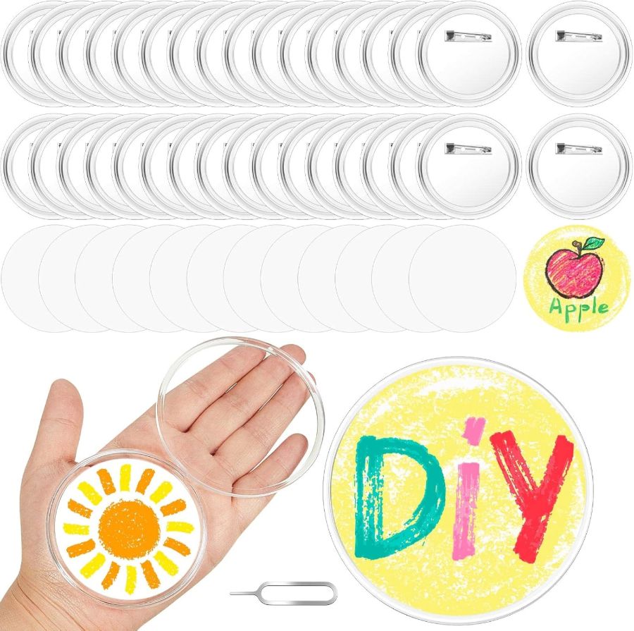 100 Pcs 3 Inch Acrylic Clear Buttons with 200 Paper 20 Sim Card Removal Tool Make Your Own Buttons with Pin Clear Button Pins Acrylic Design Button Badge for DIY Craft Activities