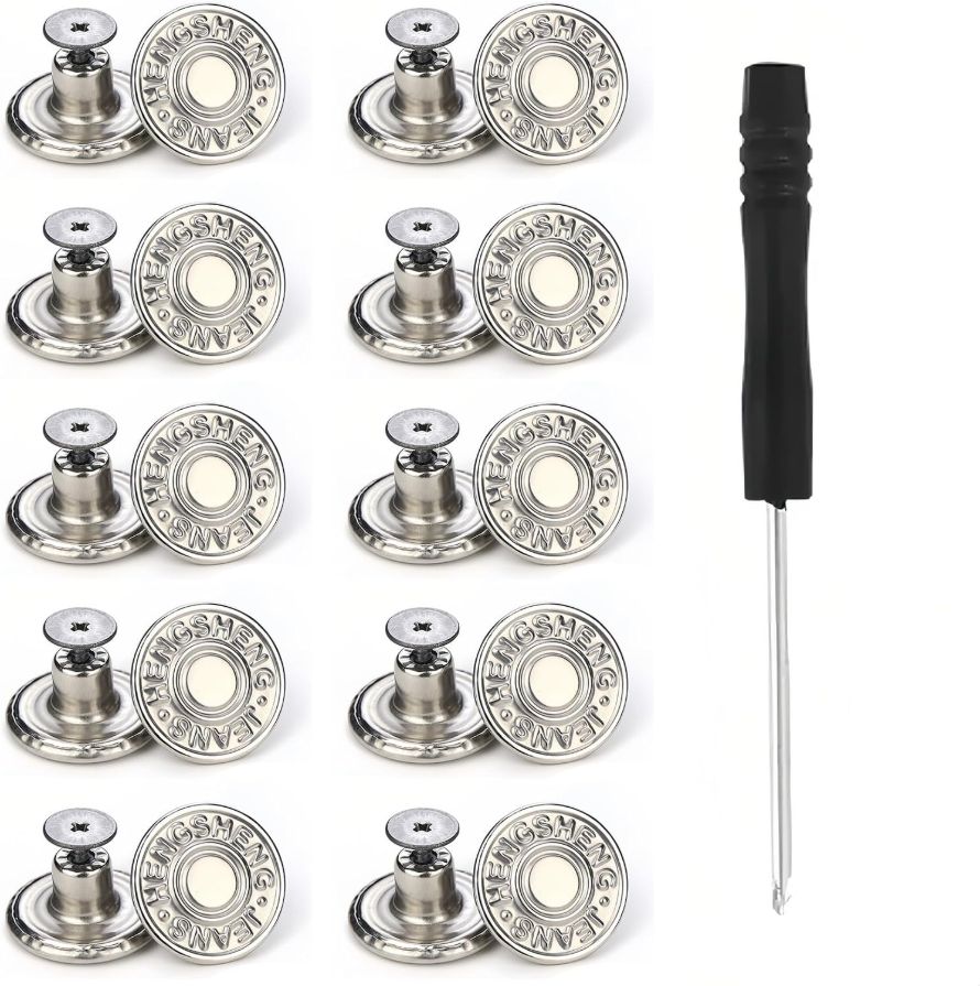 10-Pack Jean Button Replacement Kit, Silver Buttons for No-Sew Adjustable Waist, Metal Buttons for Jeans Repair, Tool-Free Installation for Men & Women (Silver Ears of Wheat)
