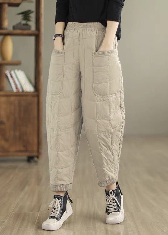 Loose Khaki Pockets Plaid Cotton Filled Pants Winter