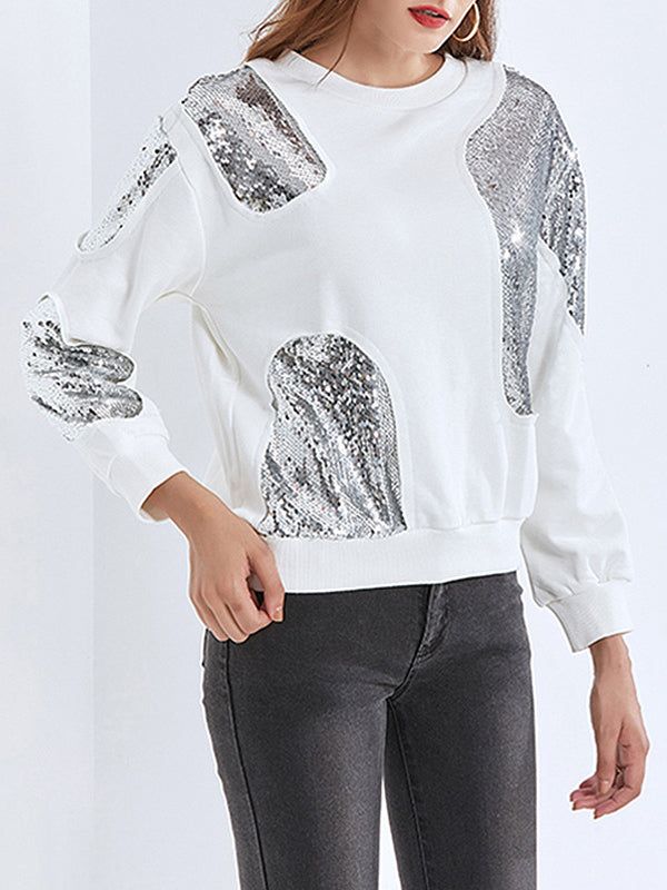 Stylish White Round-Neck Patchwork Asymmetric Sequined Long Sleeve Sweatshirt