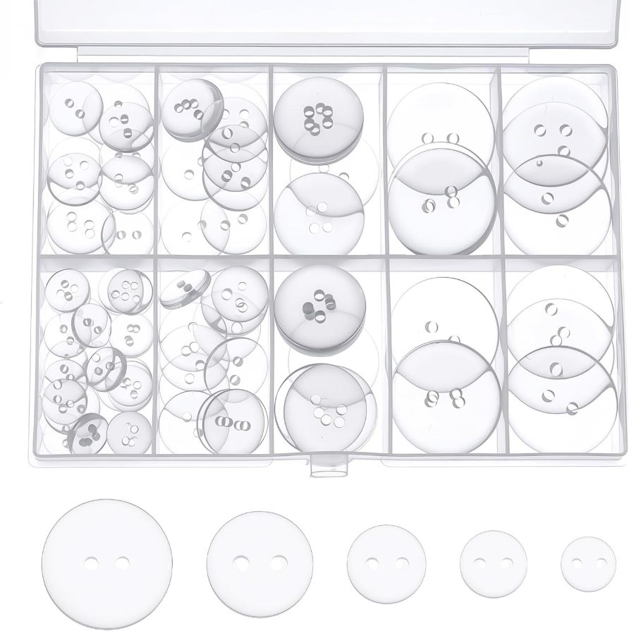 100PCS Clear Buttons, 5 Sizes of Round 2 Hole Mixed Button, Durable Round Plastic Button for Coats, Skirts, Dresses & DIY Crafts