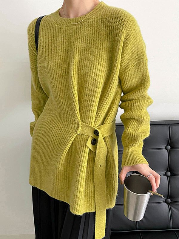 Chic Green Round-Neck Bandage Long Sleeve Knit Sweater