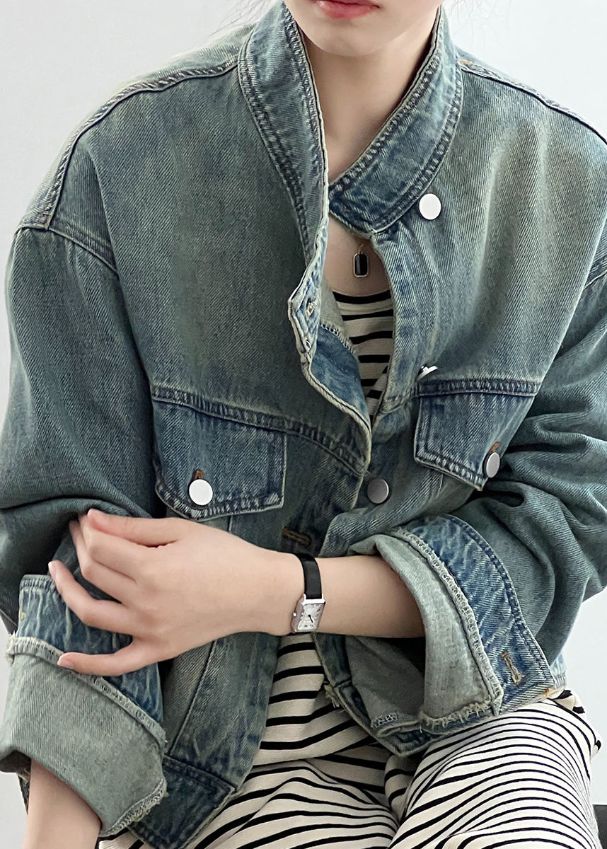 Fashion Blue Stand Collar Pockets Denim Short Coat Fall