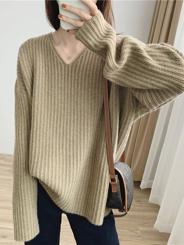 Daily Apricot V-Neck Striped Knit Long Sleeve Sweater