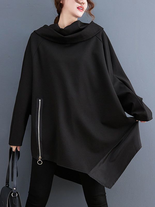 Original Black Loose Irregular Zipper Long Sleeves Sweatshirt
