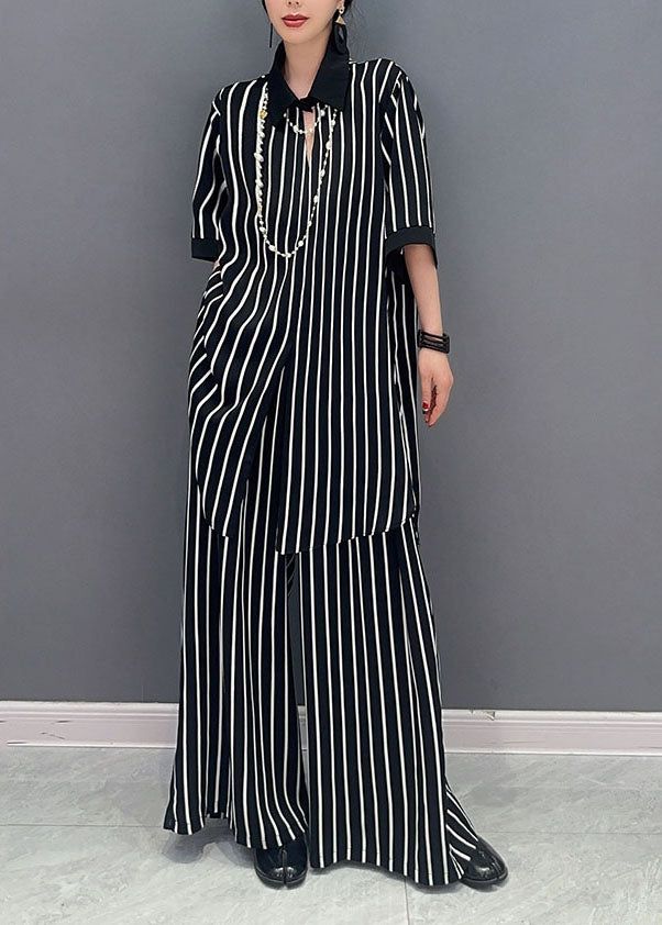 4.15Boutique Black Peter Pan Collar Striped Chiffon Two Pieces Set Summer