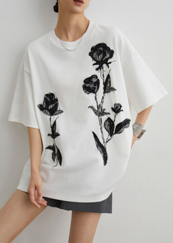 Handmade White Rose Nail Bead Cotton T Shirts Half Sleeve