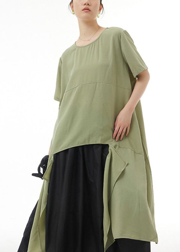 5.1Green Loose Cotton Tops Asymmetrical Low High Design Summer