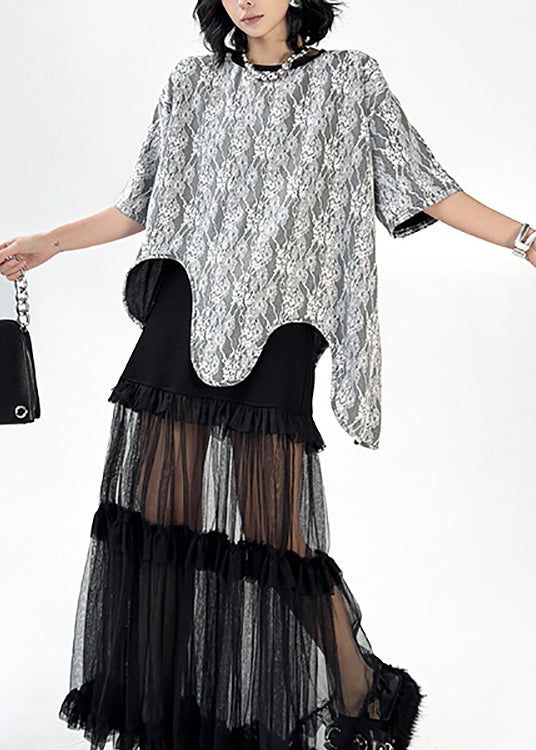 French O Neck Asymmetrical Design Lace T Shirt Tops Summer