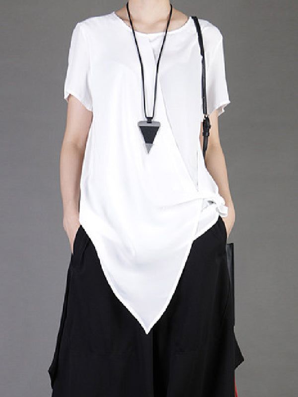 Casual White Round Neck Patchwork Short Sleeve Chiffon T-Shirt