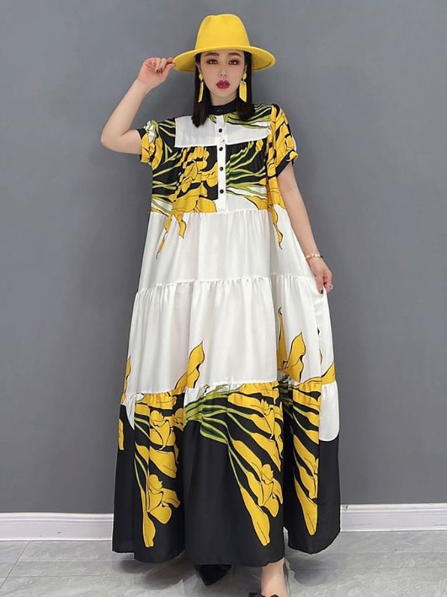 Art Stand Collar Flower Print Patchwork Single Breasted Short Sleeve Dress